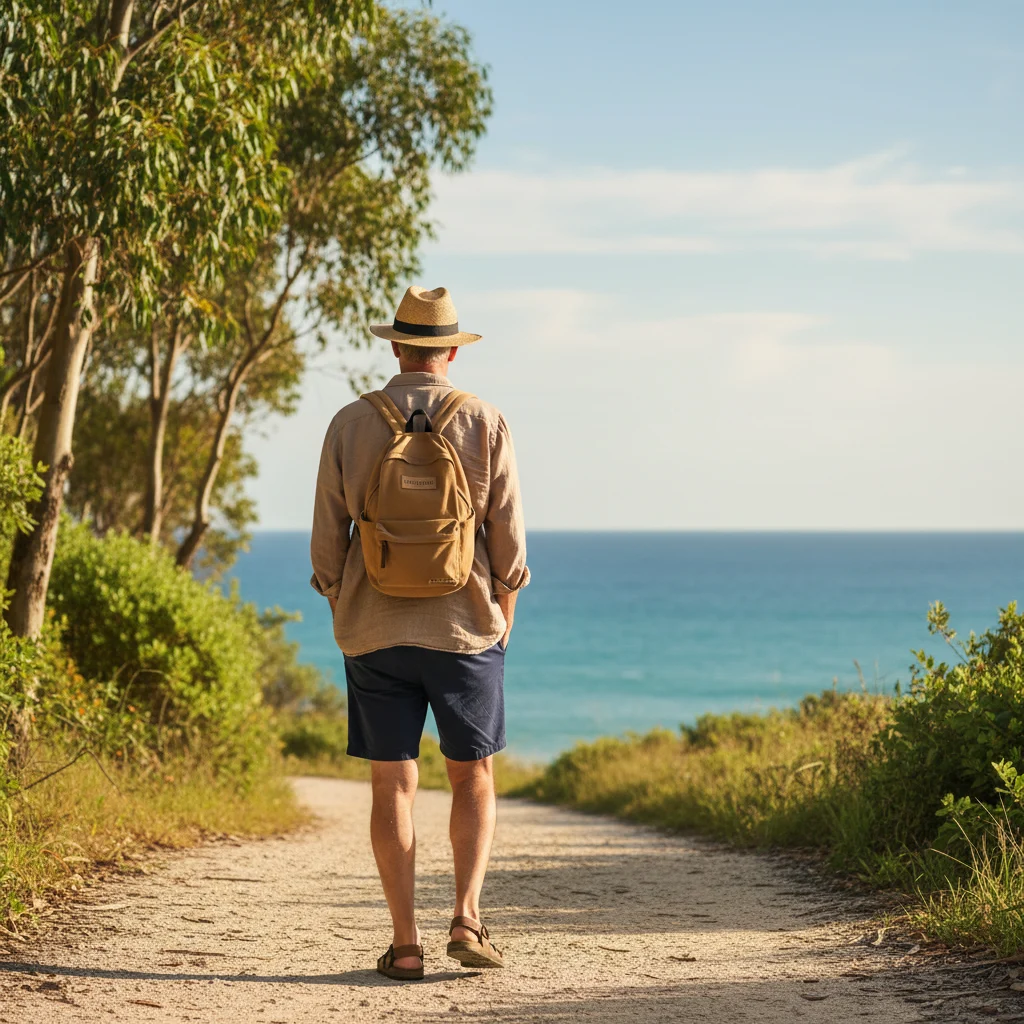 Anonymous man walking along a coastal path in Australia - food supplement for active men 50 plus