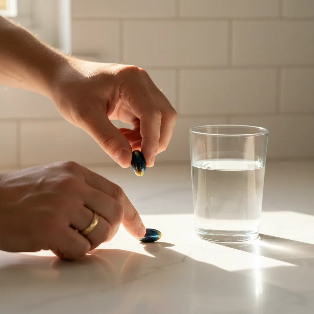 Anonymous male hands placing a supplement capsule next to a glass of water - men's daily capsule supplement 600mg