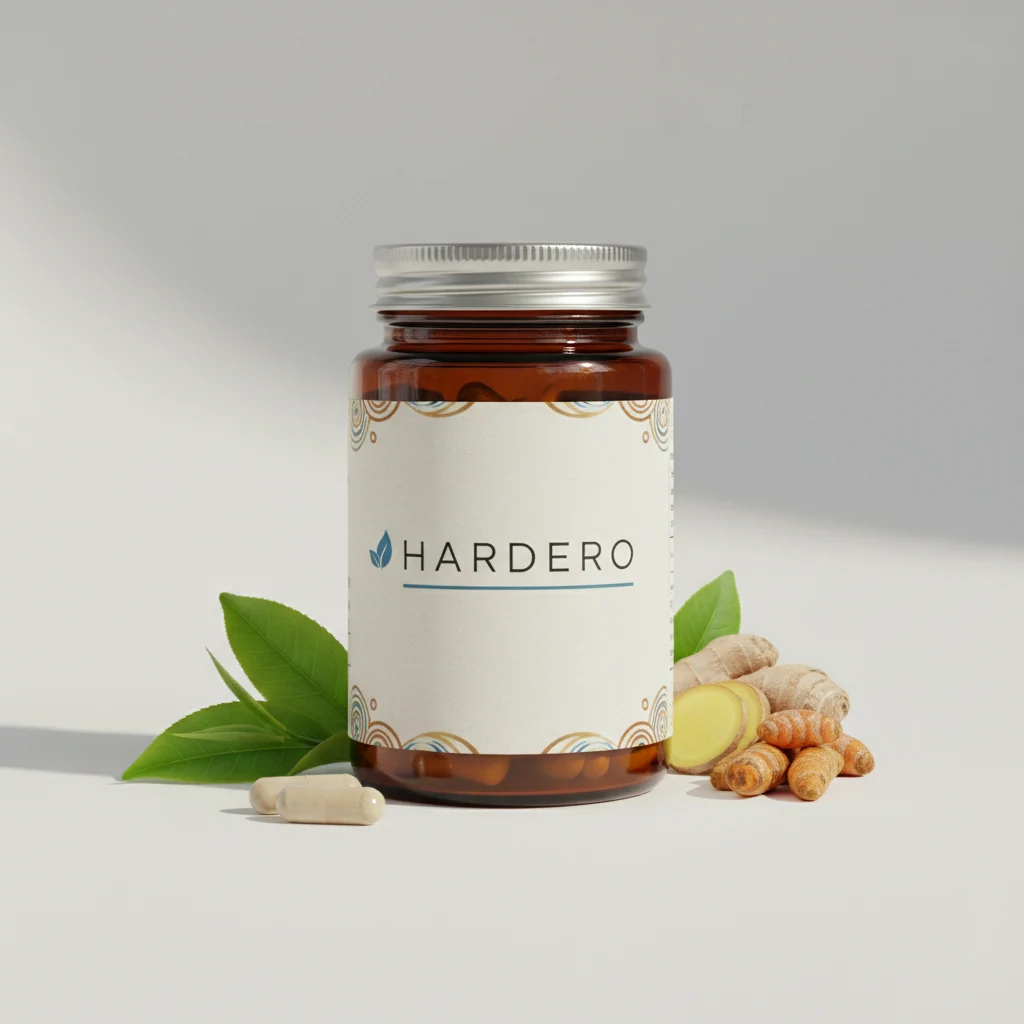 Hardero men's daily capsule supplement 600mg bottle - dark amber with orange H logo